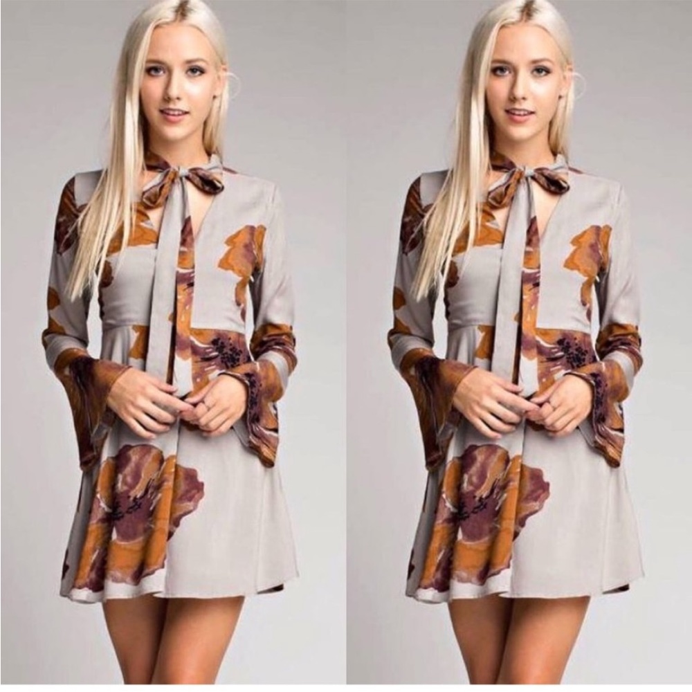 Honey Belle Beige Long Sleeve Dress with Brown & Mustard Floral Print